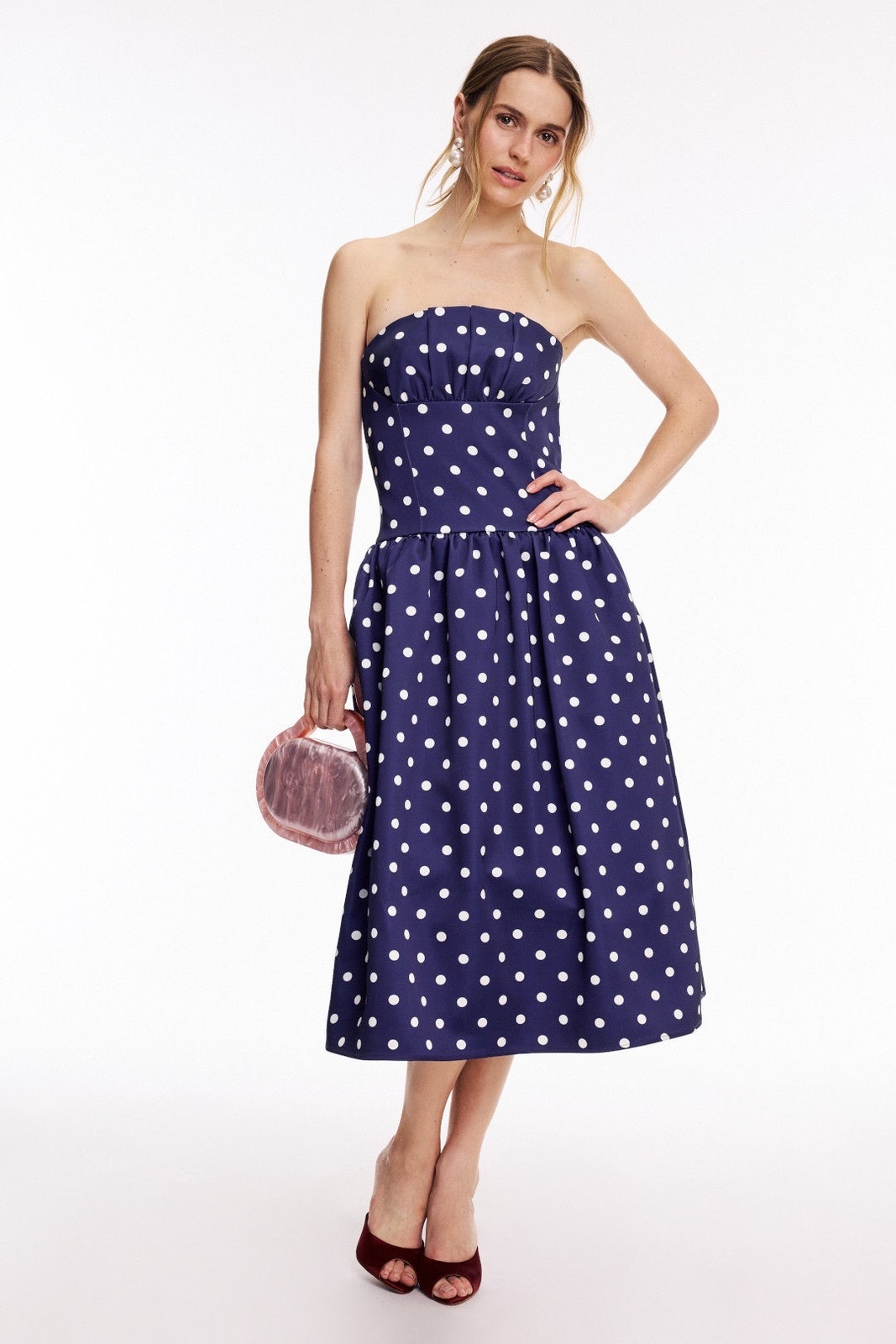 Self-Portrait Sz 6 Navy Blue Polka Dot Print Satin Strapless Cocktail Midi Dress